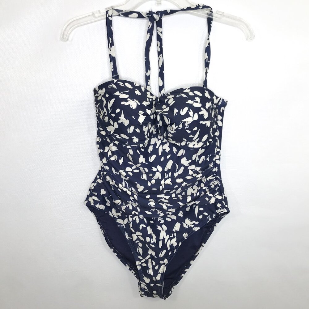 Navy Blue Floral Swimsuit One Piece Padded Push Up Sz M, Wave Zone